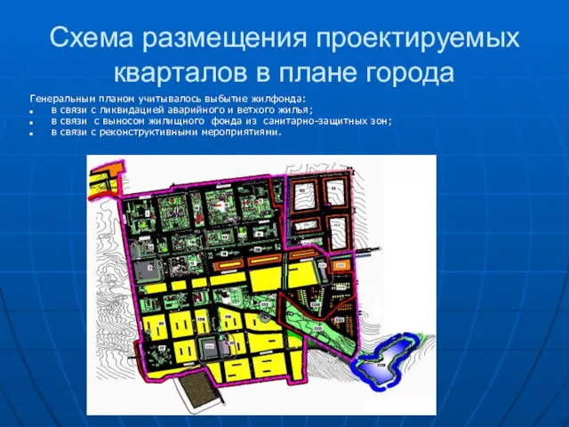 Схема размещения проектируемых кварталов в плане города Генеральным планом учитывалось выбытие жилфонда: