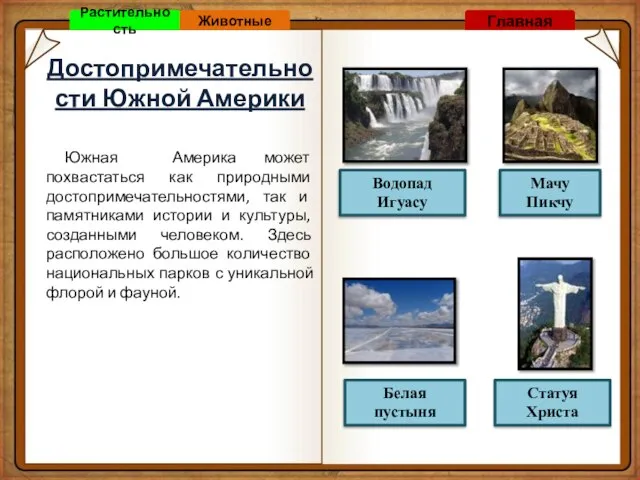 Достопримечательности Южной Америки Белая пустыня Водопад Игуасу Статуя Христа Мачу Пикчу Южная