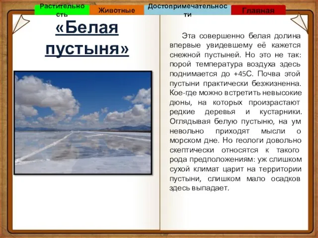 «Белая пустыня» Эта совершенно белая долина впервые увидевшему её кажется снежной пустыней.