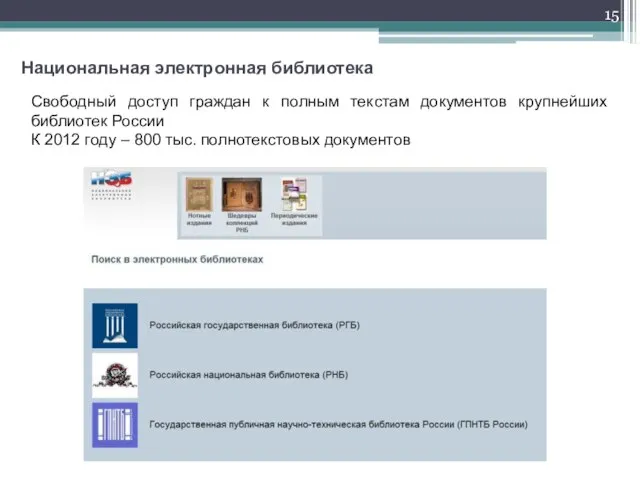 Национальная электронная библиотека Свободный доступ граждан к полным текстам документов крупнейших библиотек