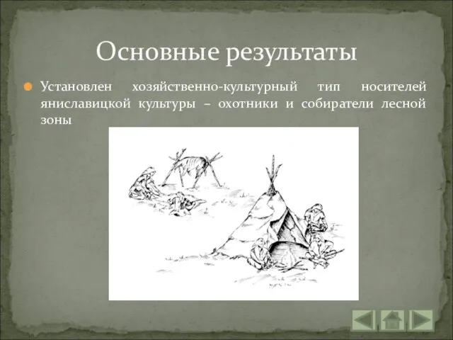 Основные результаты Установлен хозяйственно-культурный тип носителей яниславицкой культуры – охотники и собиратели лесной зоны