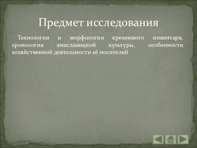 Технология и морфология кремневого инвентаря, хронология яниславицкой культуры, особенности хозяйственной деятельности её носителей Предмет исследования