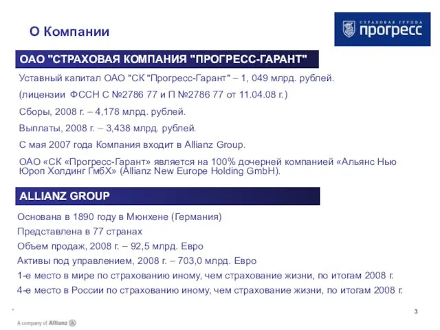 * О Компании Уставный капитал ОАО "СК "Прогресс-Гарант" – 1, 049 млрд.