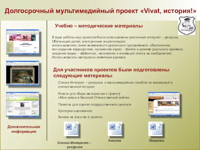 Долгосрочный мультимедийный проект «Vivat, история!» Для участников проектов были подготовлены следующие материалы: