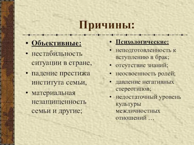 Причины: Объективные: нестабильность ситуации в стране, падение престижа института семьи, материальная незащищенность