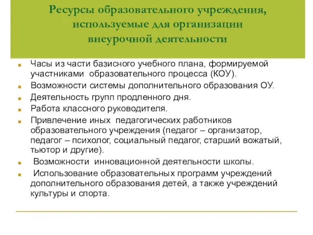 Ресурсы образовательного учреждения, используемые для организации внеурочной деятельности Часы из части базисного