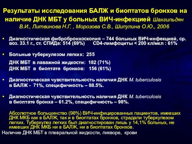 Результаты исследования БАЛЖ и биоптатов бронхов на наличие ДНК МБТ у больных