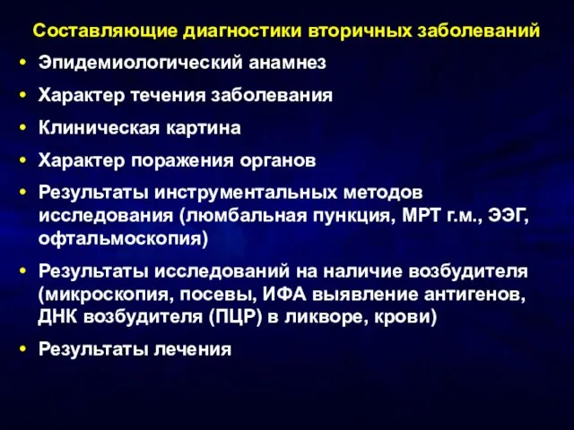 Составляющие диагностики вторичных заболеваний Эпидемиологический анамнез Характер течения заболевания Клиническая картина Характер