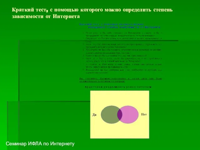 Краткий тест, с помощью которого можно определить степень зависимости от Интернета Семинар ИФЛА по Интернету