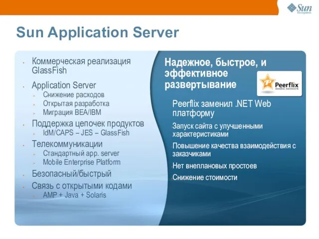 Sun Application Server Коммерческая реализация GlassFish Application Server Снижение расходов Открытая разработка