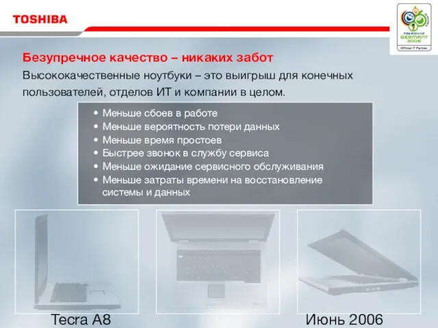 Июнь 2006 Tecra A8 Безупречное качество – никаких забот Высококачественные ноутбуки –