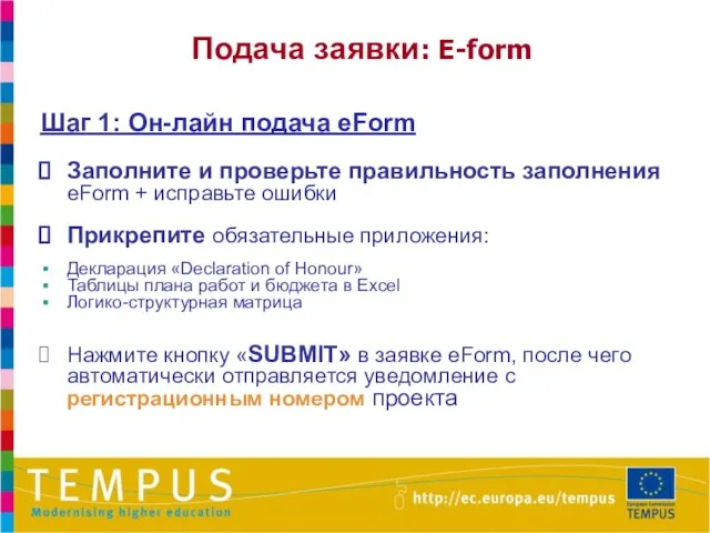 Подача заявки: E-form Шаг 1: Он-лайн подача eForm Заполните и проверьте правильность