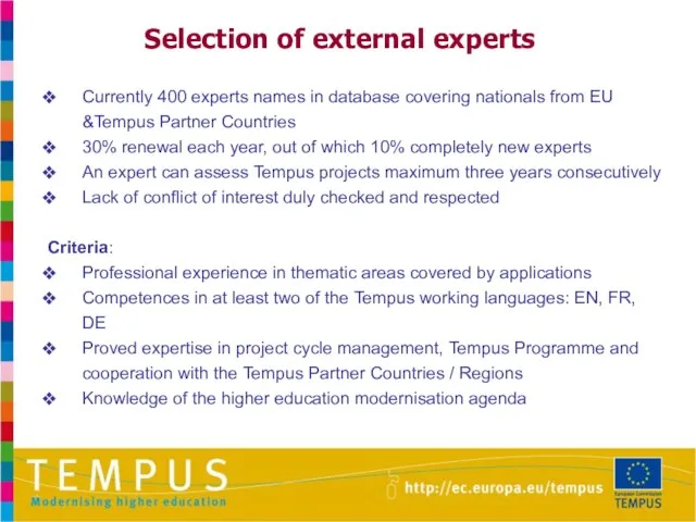 Currently 400 experts names in database covering nationals from EU &Tempus Partner
