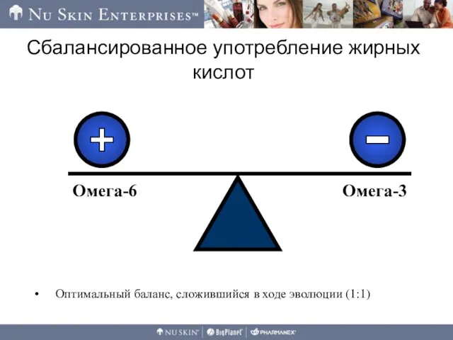 Сбалансированное употребление жирных кислот Оптимальный баланс, сложившийся в ходе эволюции (1:1)