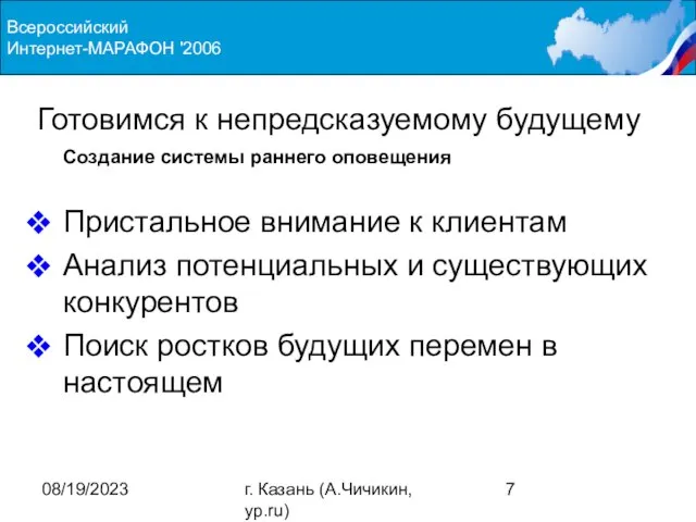 08/19/2023 г. Казань (А.Чичикин, yp.ru) Готовимся к непредсказуемому будущему Создание системы раннего