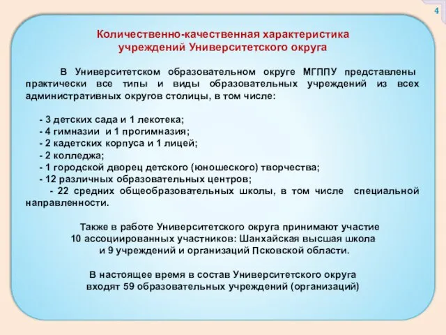 Количественно-качественная характеристика учреждений Университетского округа В Университетском образовательном округе МГППУ представлены практически