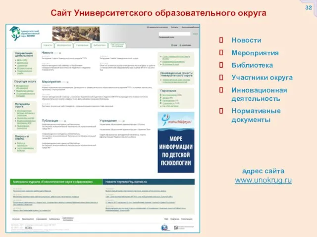 Сайт Университетского образовательного округа адрес сайта www.unokrug.ru Новости Мероприятия Библиотека Участники округа Инновационная деятельность Нормативные документы