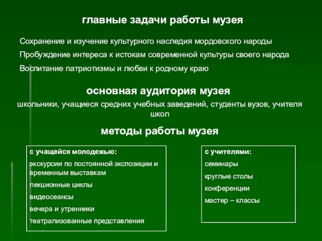 главные задачи работы музея Сохранение и изучение культурного наследия мордовского народы Пробуждение