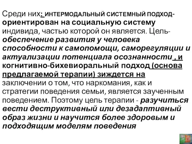 Среди них: ИНТЕРМОДАЛЬНЫЙ СИСТЕМНЫЙ ПОДХОД-ориентирован на социальную систему индивида, частью которой он