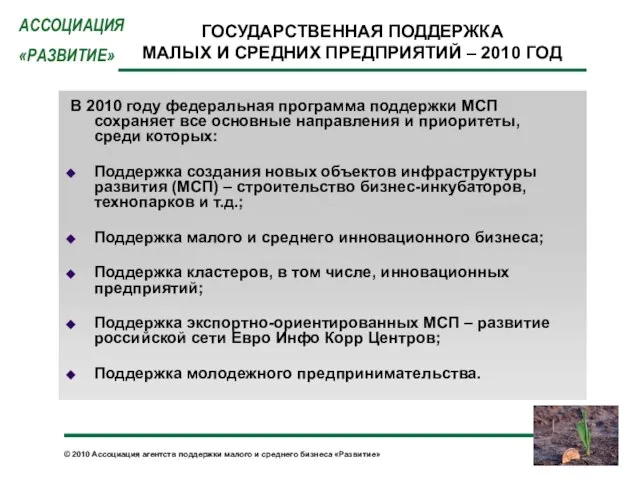 ГОСУДАРСТВЕННАЯ ПОДДЕРЖКА МАЛЫХ И СРЕДНИХ ПРЕДПРИЯТИЙ – 2010 ГОД В 2010 году