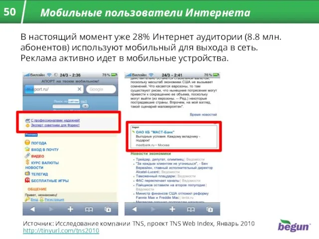 Мобильные пользователи Интернета В настоящий момент уже 28% Интернет аудитории (8.8 млн.