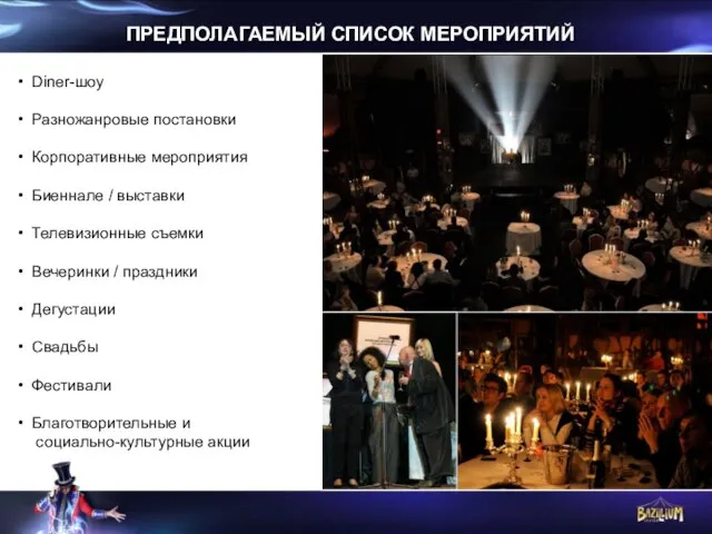 ПРЕДПОЛАГАЕМЫЙ СПИСОК МЕРОПРИЯТИЙ Diner-шоу Разножанровые постановки Корпоративные мероприятия Биеннале / выставки Телевизионные