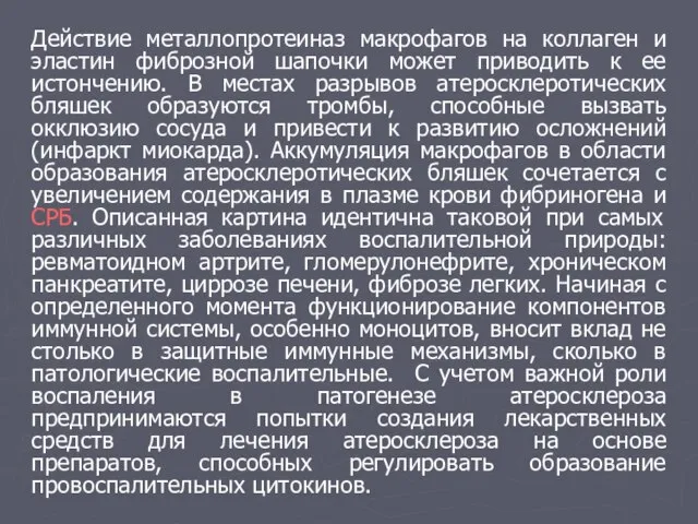 Действие металлопротеиназ макрофагов на коллаген и эластин фиброзной шапочки может приводить к