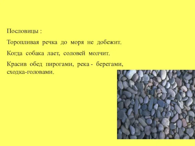 Пословицы : Торопливая речка до моря не добежит. Когда собака лает, соловей