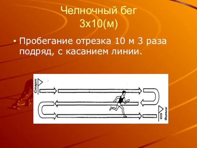 Челночный бег 3х10(м) Пробегание отрезка 10 м 3 раза подряд, с касанием линии.