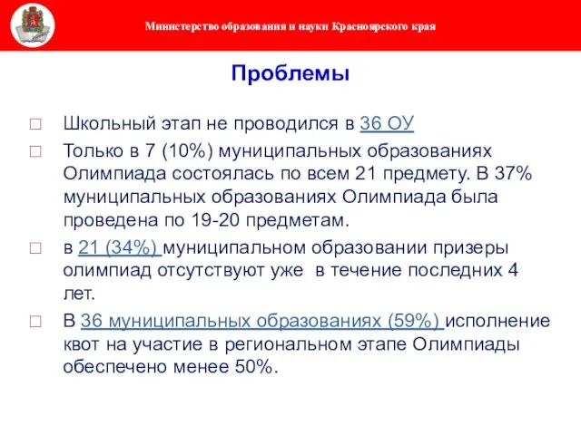 Проблемы Школьный этап не проводился в 36 ОУ Только в 7 (10%)