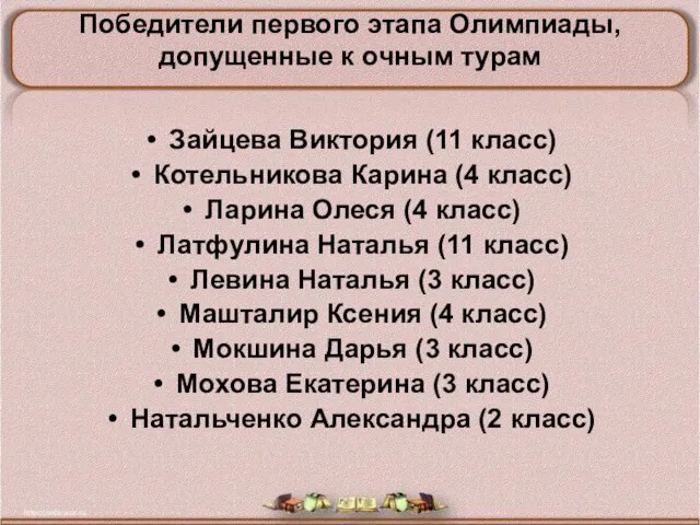 Победители первого этапа Олимпиады, допущенные к очным турам Зайцева Виктория (11 класс)