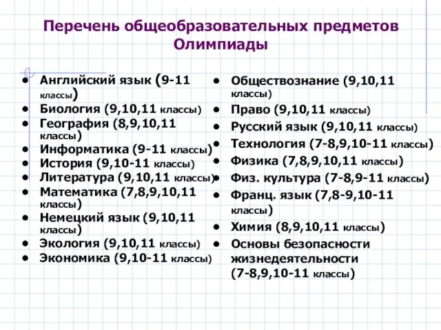 Перечень общеобразовательных предметов Олимпиады Английский язык (9-11 классы) Биология (9,10,11 классы) География