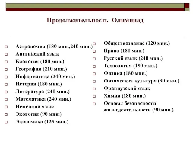 Продолжительность Олимпиад Астрономия (180 мин.,240 мин.) Английский язык Биология (180 мин.) География