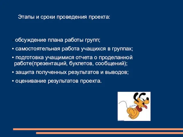 Этапы и сроки проведения проекта: обсуждение плана работы групп; самостоятельная работа учащихся