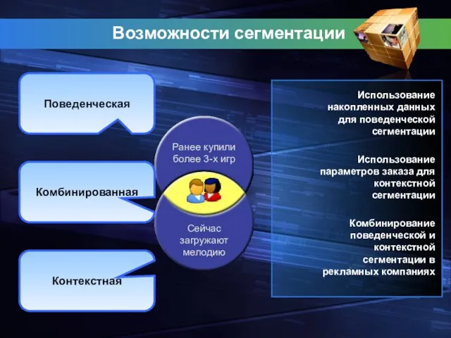 Возможности сегментации Использование накопленных данных для поведенческой сегментации Использование параметров заказа для