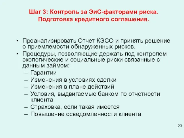 Шаг 3: Контроль за ЭиС-факторами риска. Подготовка кредитного соглашения. Проанализировать Отчет КЭСО