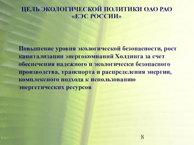 ЦЕЛЬ ЭКОЛОГИЧЕСКОЙ ПОЛИТИКИ ОАО РАО «ЕЭС РОССИИ» Повышение уровня экологической безопасности, рост