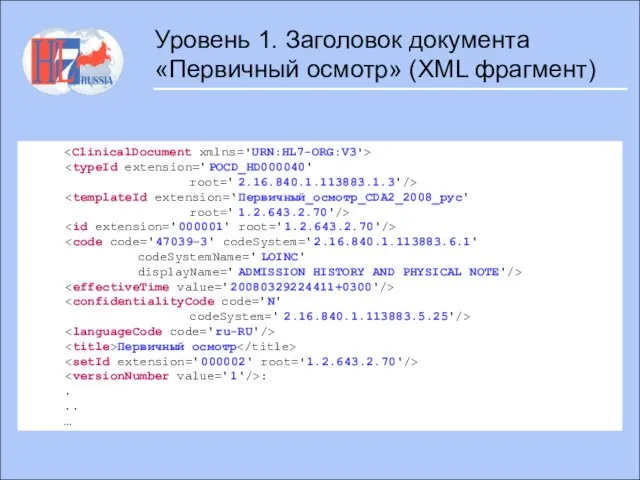 Уровень 1. Заголовок документа «Первичный осмотр» (XML фрагмент) Первичный осмотр : . .. …