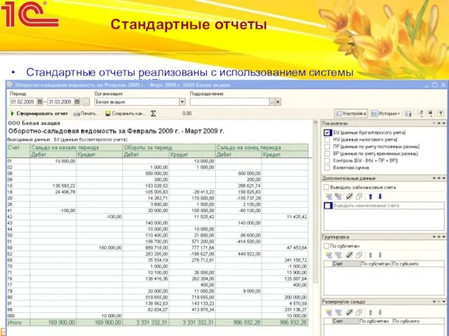 Бухгалтерия предприятия КОРП Стандартные отчеты Стандартные отчеты реализованы с использованием системы компоновки