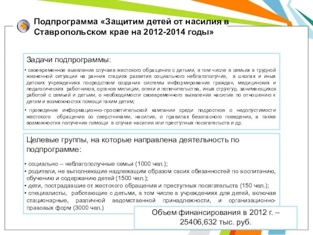 Подпрограмма «Защитим детей от насилия в Ставропольском крае на 2012-2014 годы» Задачи