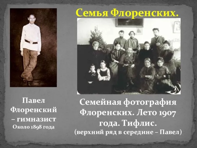 Павел Флоренский – гимназист Около 1898 года Семейная фотография Флоренских. Лето 1907