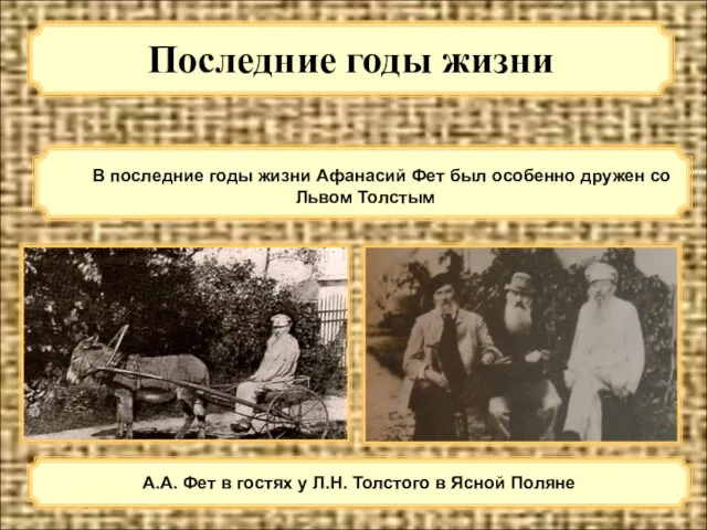 Последние годы жизни В последние годы жизни Афанасий Фет был особенно дружен