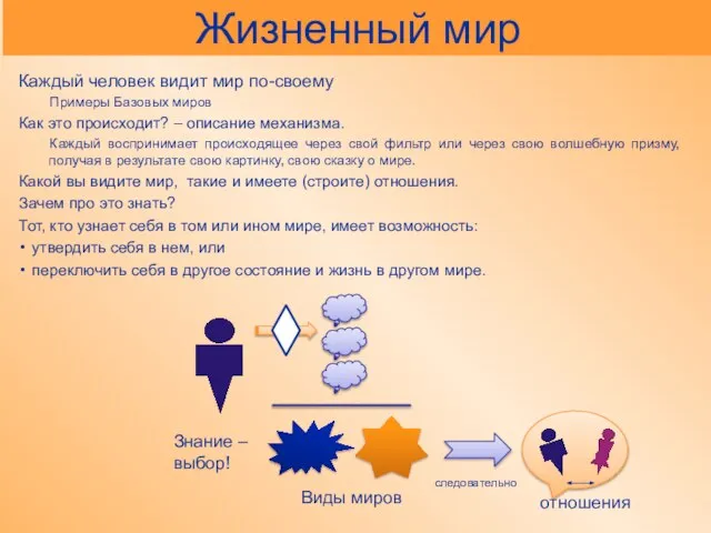 Жизненный мир Каждый человек видит мир по-своему Примеры Базовых миров Как это