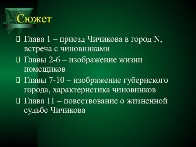 Сюжет Глава 1 – приезд Чичикова в город N, встреча с чиновниками