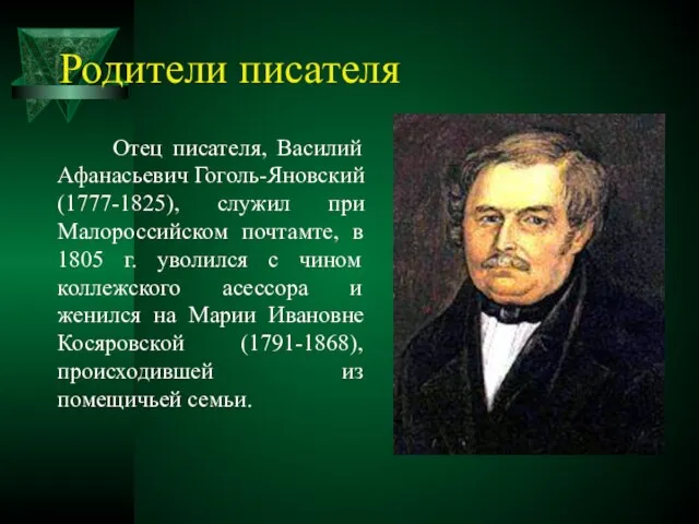 Родители писателя Отец писателя, Василий Афанасьевич Гоголь-Яновский (1777-1825), служил при Малороссийском почтамте,