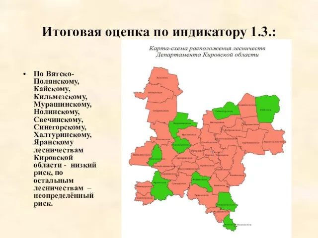 Итоговая оценка по индикатору 1.3.: По Вятско-Полянскому, Кайскому, Кильмезскому, Мурашинскому, Нолинскому, Свечинскому,