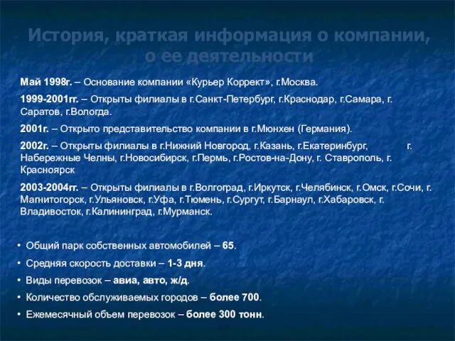 Май 1998г. – Основание компании «Курьер Коррект», г.Москва. 1999-2001гг. – Открыты филиалы