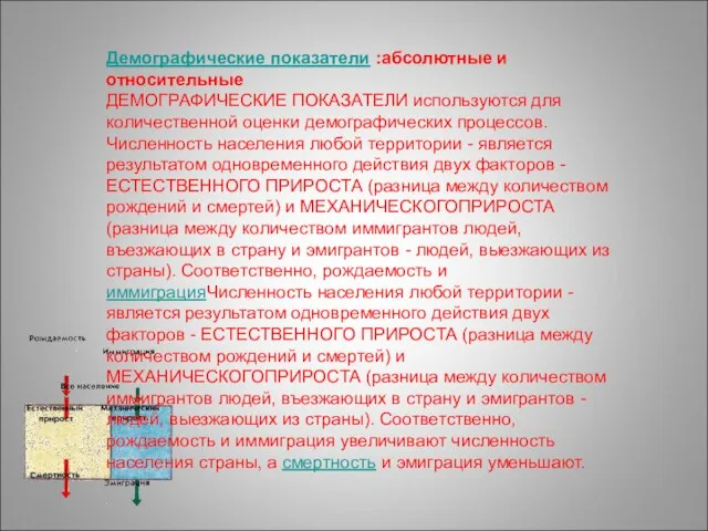 Демографические показатели :абсолютные и относительные ДЕМОГРАФИЧЕСКИЕ ПОКАЗАТЕЛИ используются для количественной оценки демографических