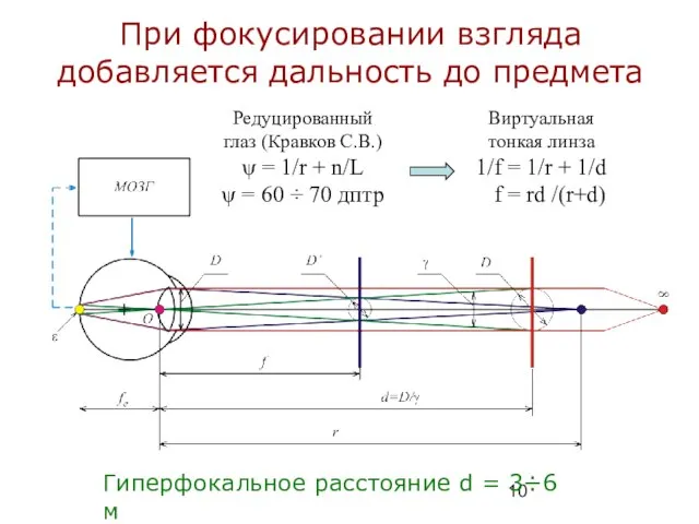 При фокусировании взгляда добавляется дальность до предмета Гиперфокальное расстояние d = 3÷6