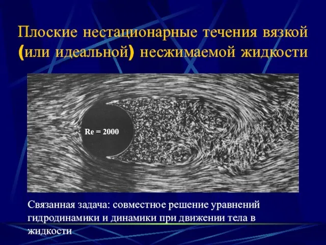 Плоские нестационарные течения вязкой (или идеальной) несжимаемой жидкости Re = 2000 Связанная